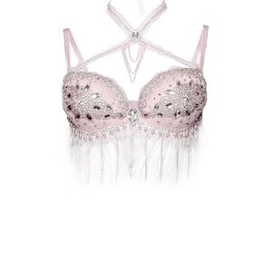 Embellished Pink Bra with Feather Details